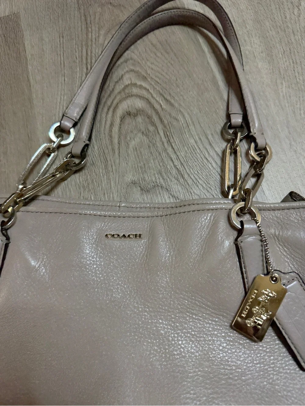 Coach Taupe Leather Tote with Chain-Link Handles
